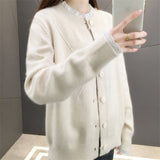 Women Knitwear Spring and Autumn Lace Trim Patchwork round Neck Sweater Loose Knitted Cardigan