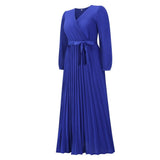Women Date Dress V-neck Long Sleeve Pleated Dress