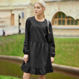 Women Dress Loose Black Ruffled Dress round Neck Puff Sleeve Short Skirt