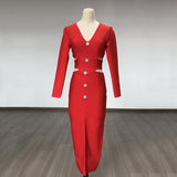 Women Evening Dress V-neck Bandage Dress Long Sleeve Simple Hollow Dress