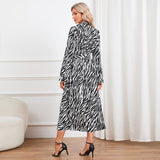 Women Date Dress Long Sleeve Dress Autumn and Winter Stand Collar Leopard Print Printed Dress Long Dress