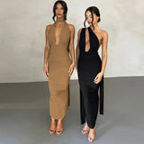 Women Dresses Summer Sexy Deep V-neck Backless Fold Split Dress
