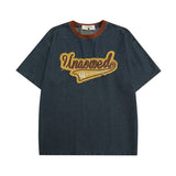 Men T Shirt Vintage Denim Stitching Embroidered Short Sleeve T-shirt