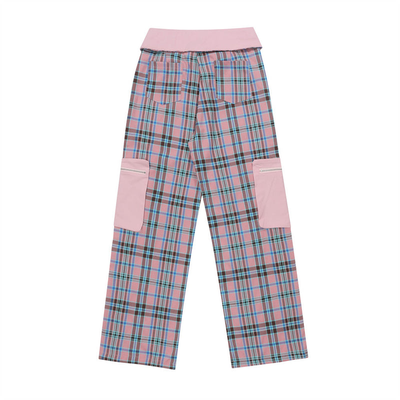 Women Pants Pink Plaid Casual Pants Multi-Pocket Trousers