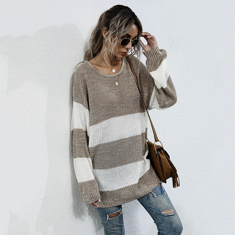 Women Knitted Sweater Striped Color Matching Sweater Sweater Women's Mid-Length