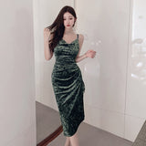 Women Maxi Dress Autumn Sexy Polka Dot Gold Velvet Long Sheath Dress