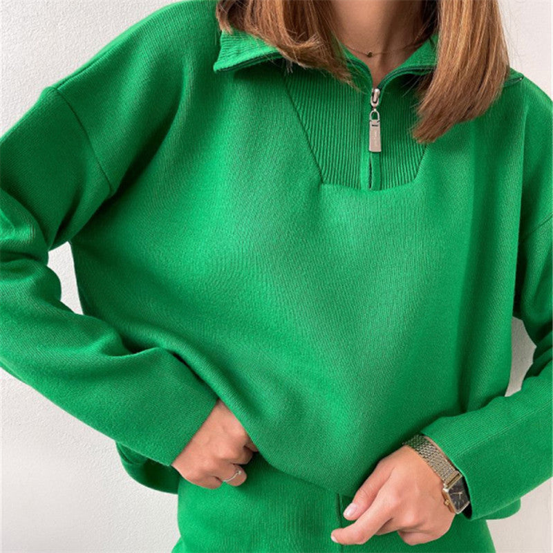 Ladies Leisure Knitwear Polo Collar Sweater Zipper and Lapel Knitwear