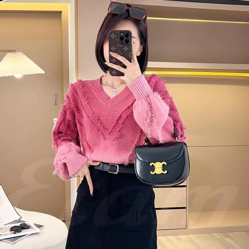 Women Knitted Pullover V-neck Sweater Top Female Autumn and Winter Sweater