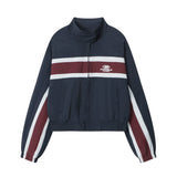 Women Jacket Striped Color Stitching Stand-Collar Jacket Autumn Casual Loose Jacket