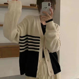 Women Knitwear Autumn and Winter Striped V-neck Sweaters Cardigan
