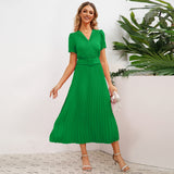 Women Date Dress Spring and Summer Sexy V-neck Pleated Dress