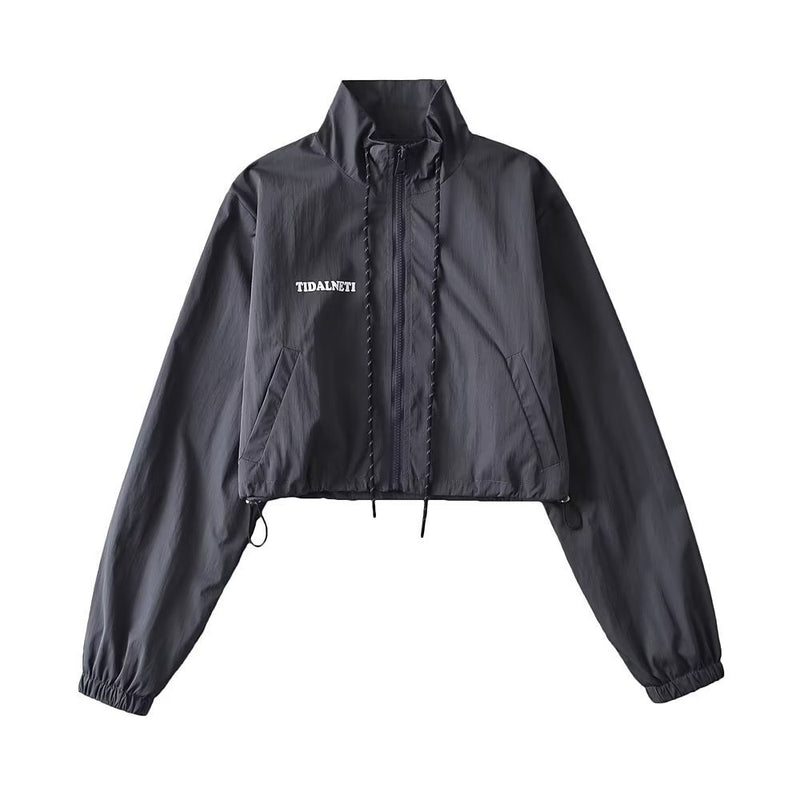 Women Jacket Stand Collar Loose Letter Print Drawstring Lace Women's Jacket Coat
