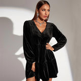 Women Dress Spring/Summer V-neck Loose Long Sleeve Velvet Mini Dress