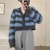 Women Knitwear Autumn and Winter Striped V-neck Short Knitted Cardigan