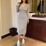 Women Dresses Hooded V-neck Sweatshirt Skirt Long Sleeve Hip Skirt