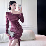 Women Maxi Dress Autumn Winter Sexy Shoulder Velvet Sheath Dress