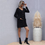 Women Knitted Sweater Autumn Short Skirt Loose Black Long Sleeve Sweater Dress