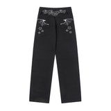 Men Sweatpants Pocket Wings Embroidered Straight Zipper Slit Jeans