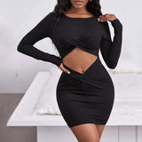 Women Dress Spring and Summer Sexy Hollow Hip Skirt Knitted Long-Sleeved Dress