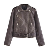 Women Leather Jacket Autumn Washed Leather Worn Motorcycle Jacket