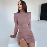 Women Dresses Winter Slim Fit Slit round-Neck Long-Sleeved Dress