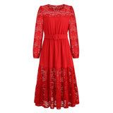 Women Date Dress Autumn Winter Sexy Long Sleeve round Neck Lace Long Dress Dress