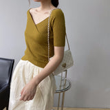 Women Knitted T-shirt V-neck Short-Sleeved Sweater Slim T-shirt
