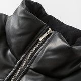 Unisex Winter Cotton Coat PU Leather Stand-up Collar down Jacket Retro Loose down Jacket