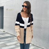 Women Knitted Sweater Autumn and Winter Leisure Contrast Color Long Sleeves Sweater Cardigan Coat