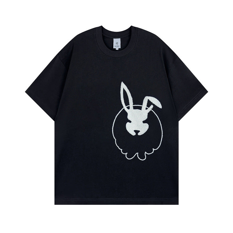 Men T Shirt Spring and Summer Retro Rabbit Contrast Color Embroidered Short Sleeve T-shirt