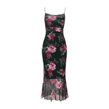 Women Dresses Straps Tulle Printed Slim Fit Dress Sexy Dress