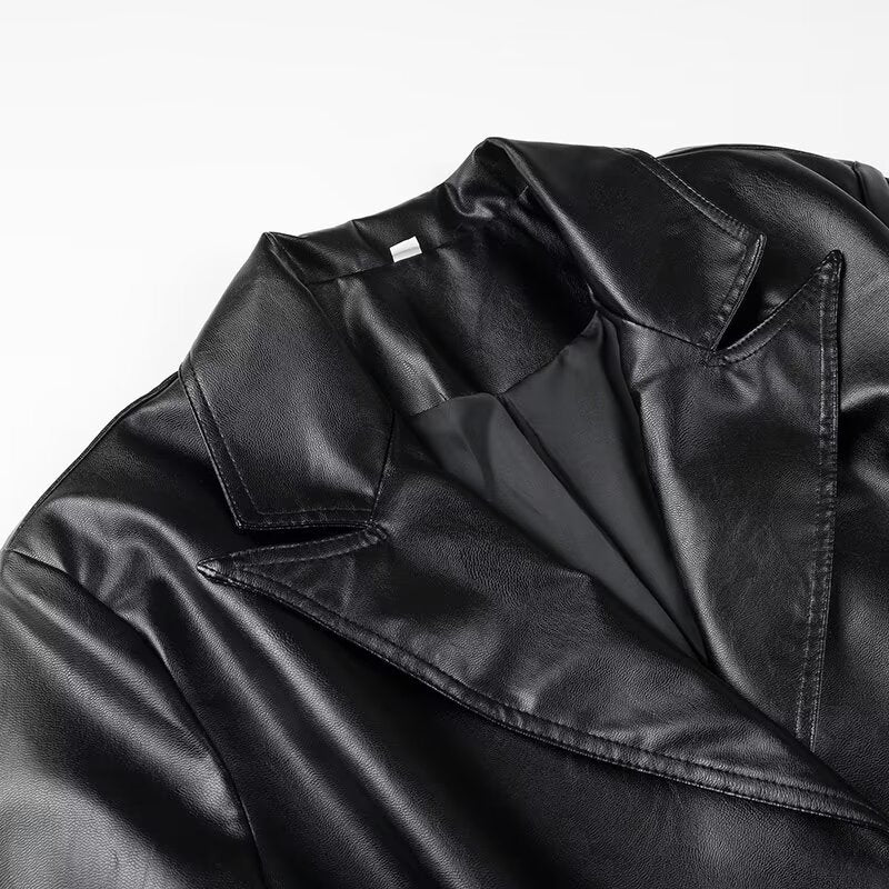 Women Coats Spring Faux Leather PU Black Long Trench Coat
