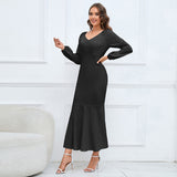 Women Date Dress V-neck Fishtail Skirt Elegant High Waist Evening Long Dress