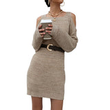 Women Knitted Sweater Spring and Autumn Hollow out Shoulder-Baring Long Sleeve Pullover Woolen Skirt