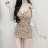 Women Dresses Bow Floral Skirt V-neck Hip Skirt Slip Dress