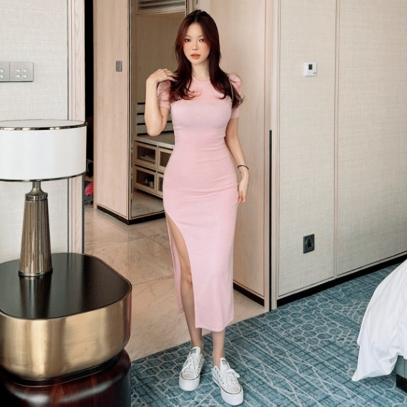 Women Dresses Pink Split Sexy Dress Short Sleeve round Neck Dress