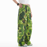 Women Pants Tie-Dyed Floral Print Casual Jumpsuit Loose Straight Wide-Leg Pants