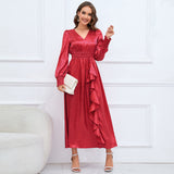 Women Date Dress Autumn and Winter V-neck Bubble Long Sleeve Dress