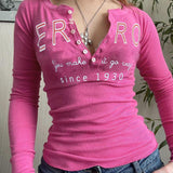 Women Tops Spring Slim-Fitting T-shirt Long Sleeve Leisure Button Top