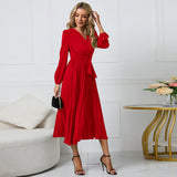 Women Date Dress Sexy V-neck Bubble Lantern Sleeve Pleated Skirt