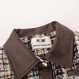 Women Jacket Houndstooth Fall Lapels Long Sleeve Stitching Leather Coat