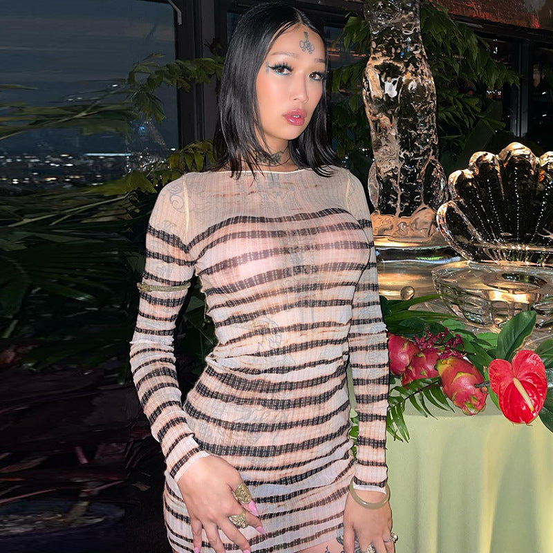 Women Dresses Sexy Long Sleeve Striped Slim Fit Dress