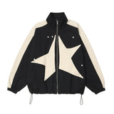 Men Jacket Coat Patch Five-Pointed Star Stand Collar Zipper Coat Color Matching Flight Jacket Loose