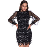 Women Evening Gown Sexy Mesh Long Sleeve Stitching Sequins Dress