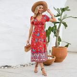 Women Date Dress Floral Dress Short Sleeve V-neck Bohemian A- line Skirt