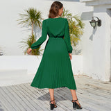 Women Date Dress Autumn and Winter V-neck Lace Pleated Lace-up Long Dress