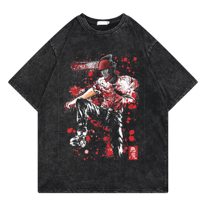 Washed retro T-shirt, chainsaw man cartoon print casual short sleeves