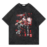 Washed retro T-shirt, chainsaw man cartoon print casual short sleeves