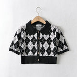 Women Sweater Knitwear Summer Vintage Polo Collar Slim Short-Sleeved Tops