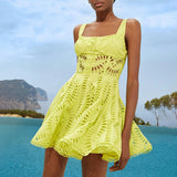 Women Dresses Summer Strap Lace Embroidery Hollow Dress (Qymy0409)